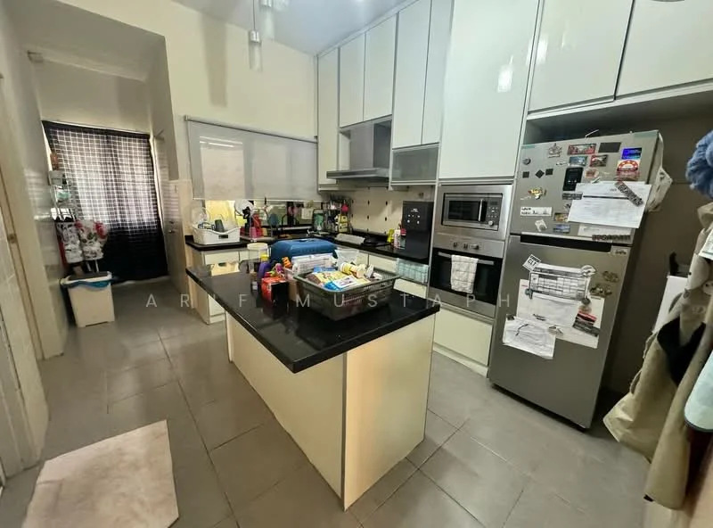 Kitchen features: white cabinetry, black granite countertop, kitchen island, stainless-steel fridge, built-in oven, freestanding range oven, microwave, ceramic tile flooring, recessed downlights, window with sheer curtains, wall-mounted cabinets, open shelving, decorative magnets on fridge, appliance clutter on countertop; style: modern.