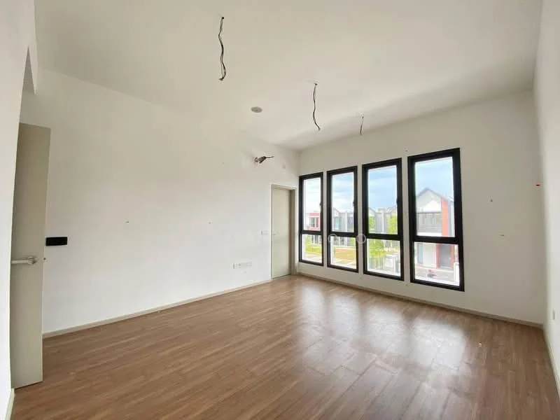 Room features: white painted walls, laminate flooring, 5-blade ceiling fan, floor-to-ceiling windows, no visible furniture, unpainted ceiling with exposed wiring, natural light from windows, view of exterior landscape; style: modern; view: garden.