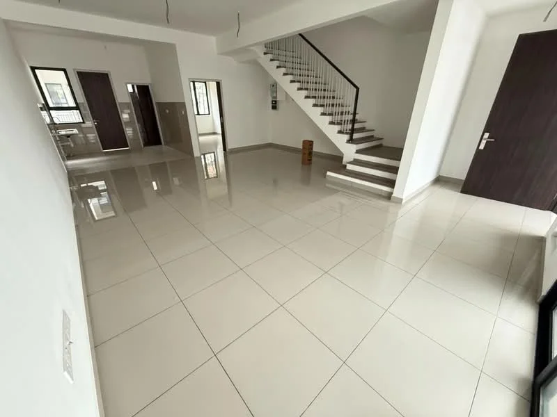 Room features: white painted walls, glossy ceramic tile flooring, staircase with metal railing, large windows, open layout, high ceiling, neutral color scheme, no visible furniture; style: modern.