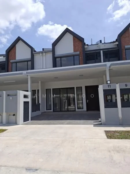 Exterior type: linked terrace house; features: white painted facade, brick accent wall, flat roof, double-storey, manicured lawn, paved driveway, covered porch, large windows, security gate, numbered mailboxes; style: modern.