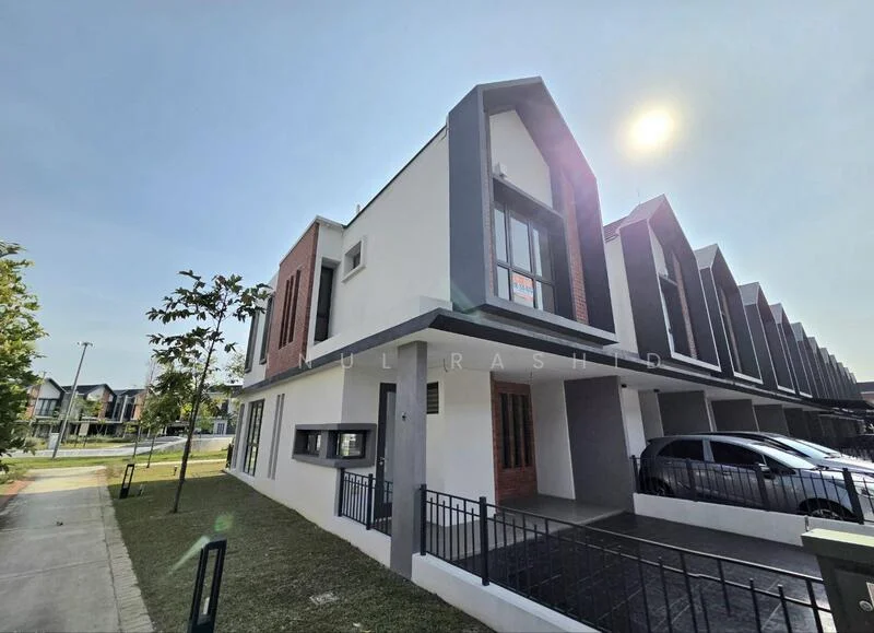 Exterior type: linked terrace house; features: white painted facade, exposed brick accents, flat roof, double-storey, manicured lawn, driveway with interlocking pavers, covered car porch, large windows, balcony with railing, landscaped walkway, surrounded by greenery; style: modern.