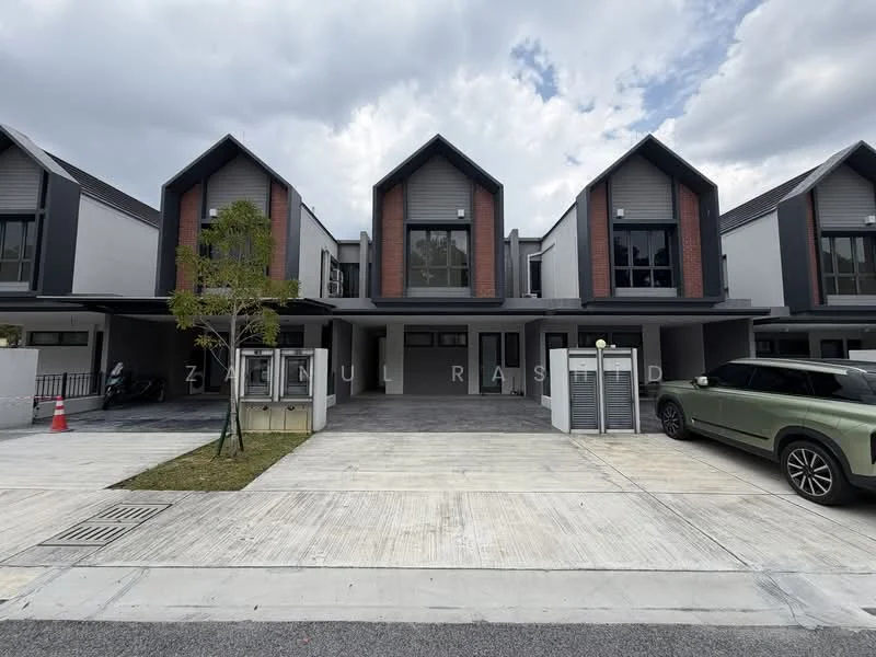 Exterior type: linked terrace house; features: grey painted facade, red brick accents, pitched tile roof, double-storey, manicured lawn, driveway with interlocking pavers, covered car porch, front entrance with glass doors, modern architectural design; style: modern.
