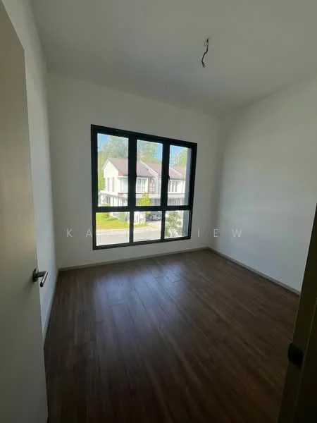 Bedroom features: white painted walls, wooden flooring, large floor-to-ceiling windows, natural light, single light fixture, no visible furniture, view of exterior, neutral color scheme; style: modern; view: garden.