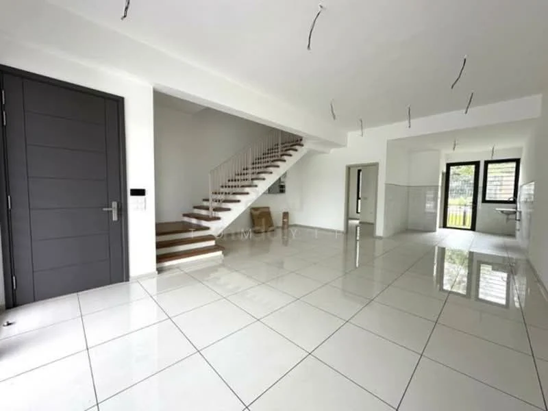 Living features: white painted walls, glossy white tile flooring, open-plan layout, large windows with garden view, staircase with wooden steps, recessed downlights, modern door, intercom panel, minimalist design, no visible furniture; style: modern; view: garden.