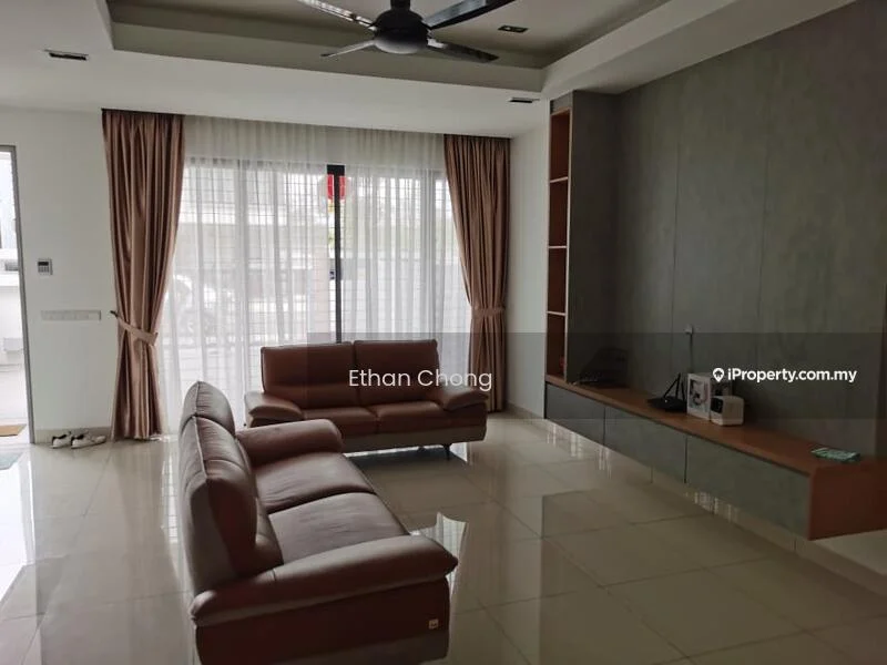 Living features: 3-seater leather sofa in brown, floor-to-ceiling windows, sheer curtains, recessed downlights, ceiling fan, wall-mounted TV console, feature wall with grey paneling, glossy tile flooring; style: modern.