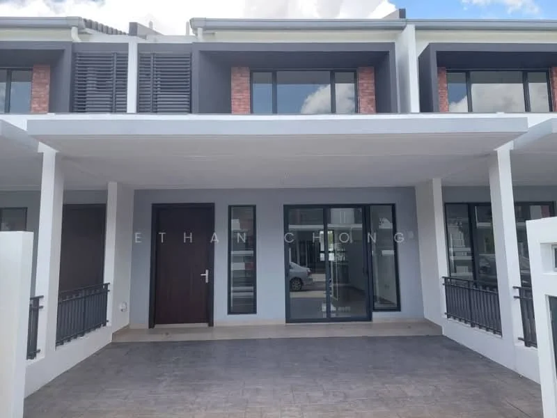 Exterior type: townhouse; features: grey painted facade, brick accent wall, flat roof, covered porch, large glass windows, metal railings, concrete flooring, main entrance door, two-storey structure, surrounded by greenery; style: modern.