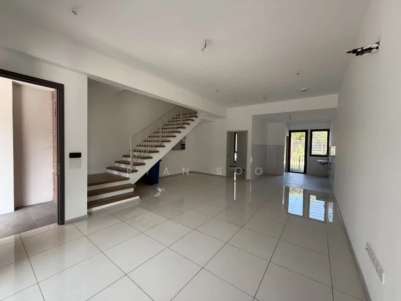 Living features: white painted walls, polished ceramic tile flooring, recessed downlights, staircase with wooden steps, large windows, open layout, neutral color scheme, floor-to-ceiling windows, sliding glass door, access to outdoor area; style: modern. Room features: white painted walls, polished ceramic tile flooring, recessed downlights, large windows, open layout.
