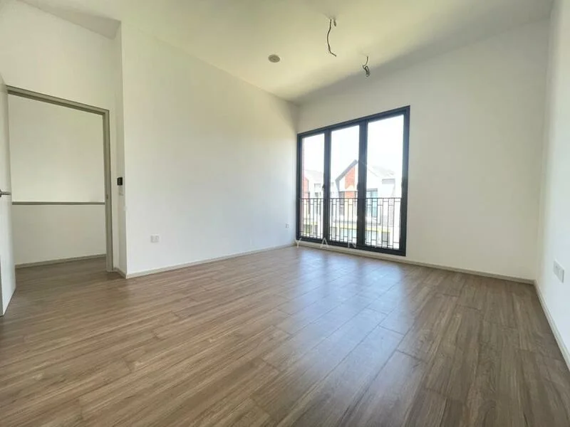 Room features: white painted walls, wooden flooring, floor-to-ceiling windows, black railing on balcony, natural light from windows, ceiling with exposed wiring, no visible furniture, open layout; style: modern; view: city.