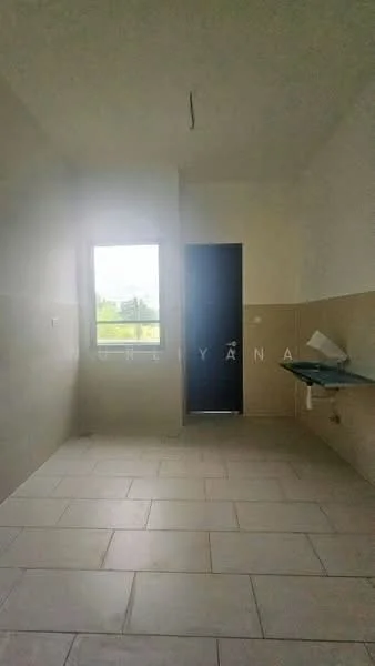 Room features: plain white walls, light grey tiled flooring, single window, blue door, wall-mounted shelf, no visible furniture, minimal decor, natural light from window; style: minimalist; view: garden.