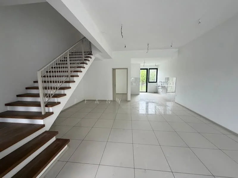 Living features: white painted walls, polished ceramic tile flooring, large windows, staircase with wooden steps and metal railing, recessed downlights, open layout, high ceiling, neutral color scheme; style: modern; view: garden. Room features: white painted walls, polished ceramic tile flooring, large windows, neutral color scheme.