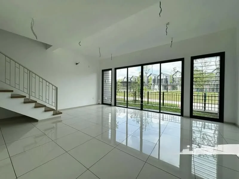 Living features: large floor-to-ceiling windows, sliding glass door, white painted walls, polished ceramic tile flooring, recessed downlights, modern staircase with wooden steps, open layout, view of garden, minimalist decor; style: modern; view: garden.