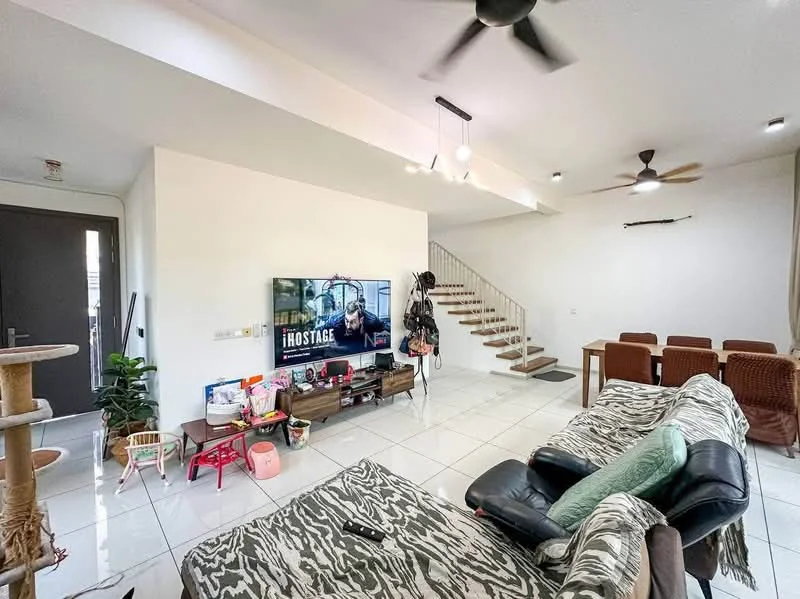 Living features: white painted walls, tile flooring, 5-blade ceiling fan, wall-mounted TV, TV console, sofa with animal print upholstery, coffee table, decorative plants, staircase leading to upper floor, dining table with chairs, decorative wall art; style: modern.