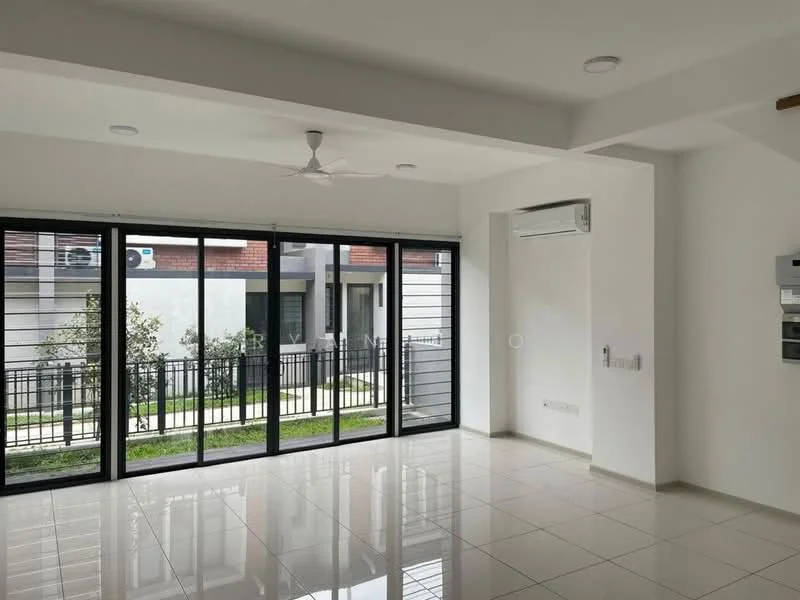 Living features: white painted walls, glossy tile flooring, 5-blade ceiling fan, wall-mounted split AC, floor-to-ceiling windows, sliding glass door, blackout curtains, view of garden, decorative wall panel, recessed downlights; style: modern; view: garden.