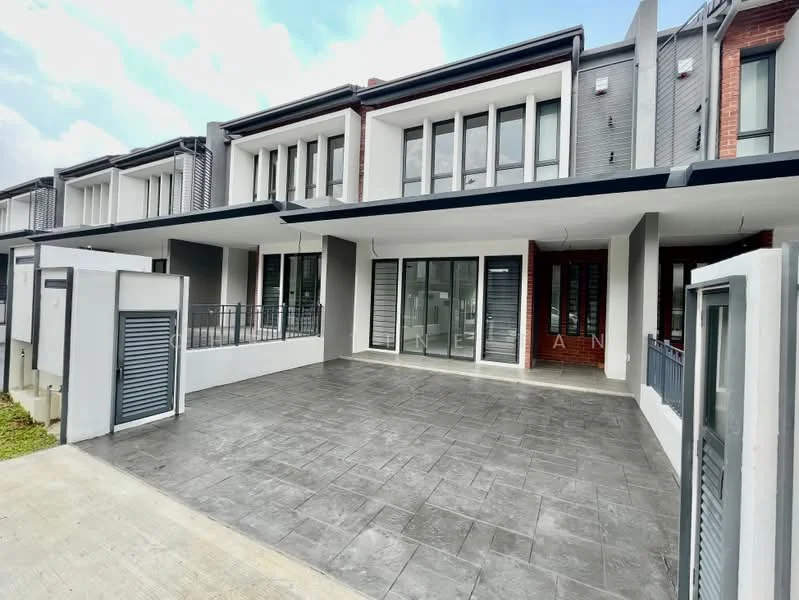 Exterior type: linked terrace house; features: grey painted facade, red brick accents, flat roof, double-storey, manicured lawn, paved driveway, balcony with railing, large glass windows, main entrance with double doors, covered porch area, modern architectural design; style: modern.