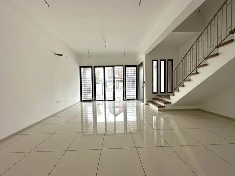 Living features: white painted walls, polished ceramic tile flooring, recessed downlights, floor-to-ceiling windows, sliding glass doors, staircase with wooden steps and metal railing, open layout, high ceiling; style: modern.
