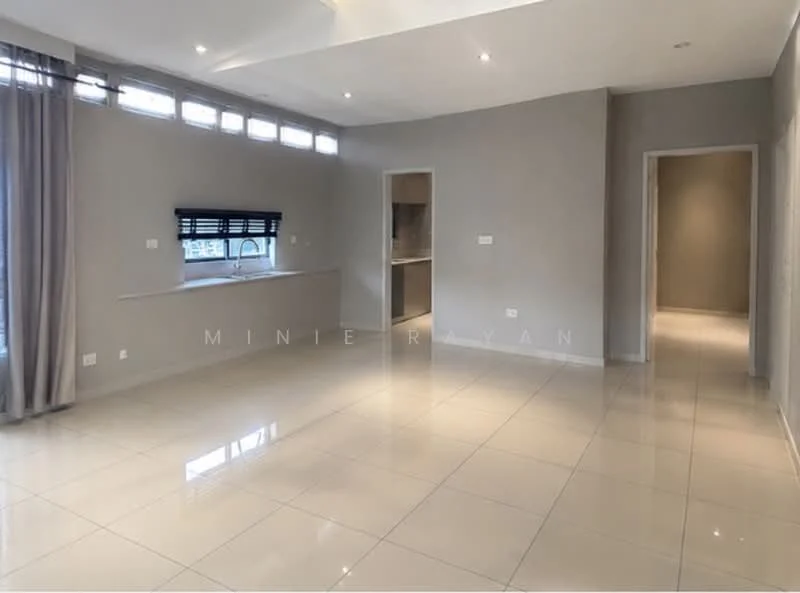 Living features: grey painted walls, glossy tile flooring, large windows with black blinds, recessed downlights, open layout, neutral color scheme, corner for kitchen area, doorway leading to other rooms; style: modern.