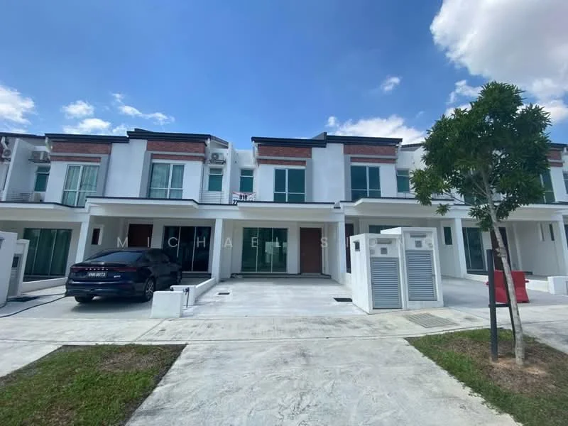 Exterior type: linked terrace house; features: white painted facade, brick accent on facade, flat roof, 2-storey building, manicured lawn, paved driveway, car porch, multiple air conditioning units visible, large windows, front entrance with glass doors; style: modern.