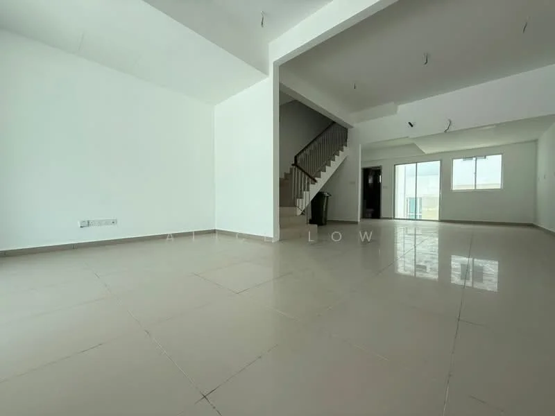 Room features: white painted walls, tile flooring, large windows, staircase, open layout, high ceiling, natural light, neutral color scheme; style: modern.