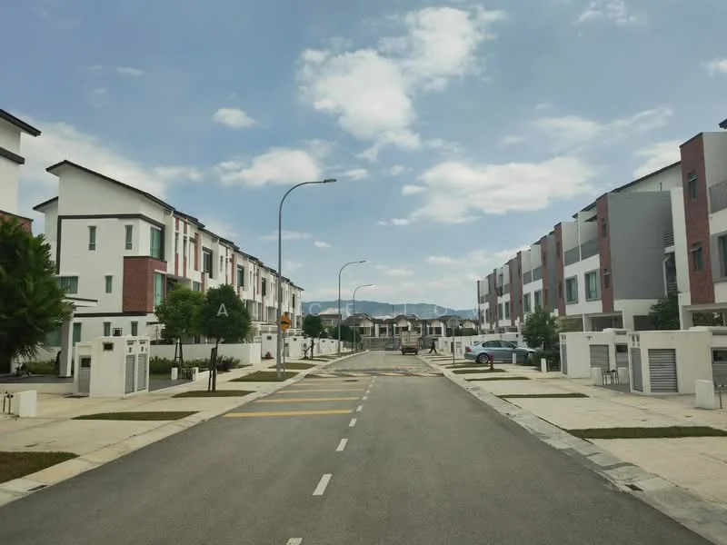 Exterior type: linked terrace house; features: white painted facade, red brick accents, two-storey buildings, manicured lawns, paved walkway, street lighting, driveway, surrounded by greenery, mountain view in background; style: modern.