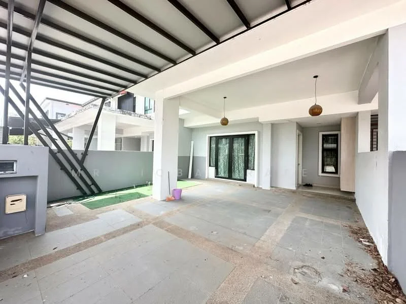 Room features: concrete flooring, white painted walls, exposed ceiling beams, two pendant lights, sliding glass door, large open space, greenery view, outdoor area, partially covered patio, walls with no visible decor; style: modern; view: garden.