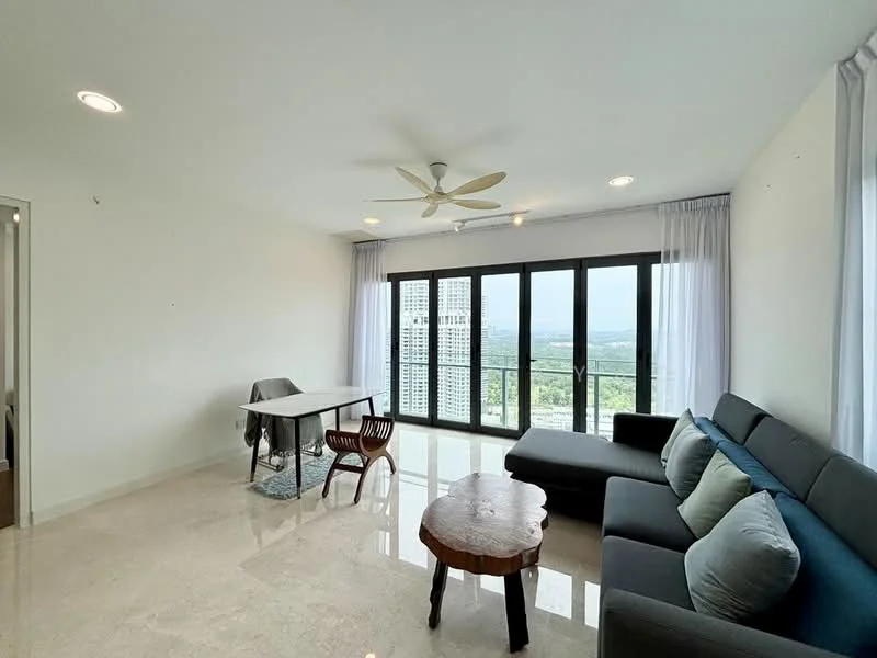 Living features: 5-blade ceiling fan with light, floor-to-ceiling windows, grey fabric sofa, wooden coffee table, dining table with chairs, marble flooring, sheer curtains, neutral painted walls; style: modern; view: city.