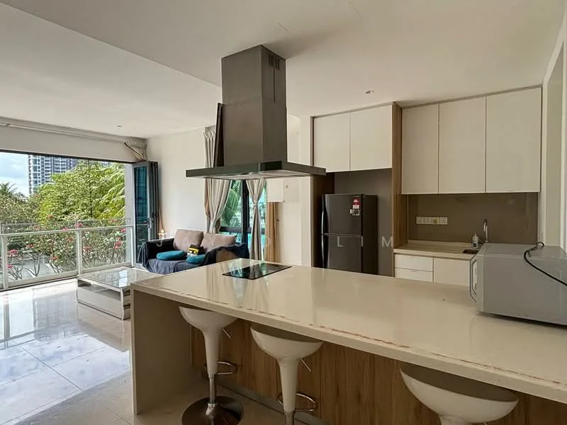 Kitchen features: white cabinetry, marble countertop, stainless-steel sink, chrome pull-down faucet, built-in oven, stainless-steel fridge, ceramic tile flooring, recessed downlights, island with seating for 3, open-plan layout to living area; style: modern; view: garden. Living features: sofa in blue fabric, coffee table, floor-to-ceiling windows, curtains, area rug, TV console, wall-mounted TV; style: modern; view: garden.