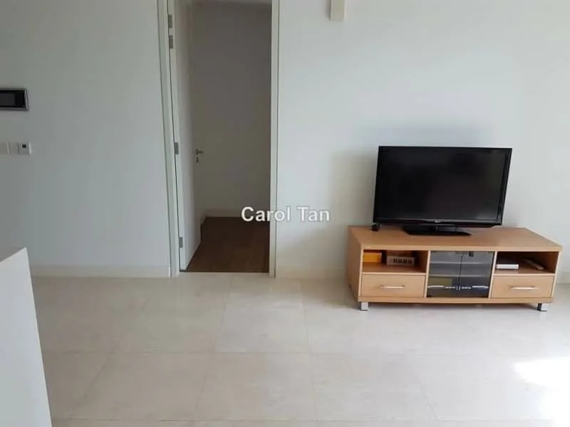 Living features: light-colored tiled flooring, white painted walls, wall-mounted TV, wooden TV console with storage, doorway leading to another room, recessed lighting, minimalist decor; style: modern.