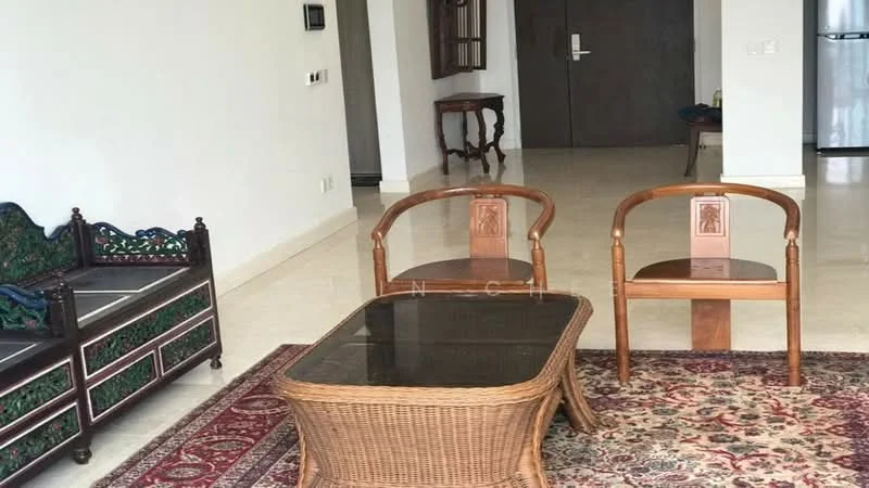 Living features: cream painted walls, marble flooring, area rug with intricate pattern, wooden coffee table, 2 wooden chairs, wooden sofa with decorative carvings, wall-mounted mirror, open layout; style: modern.