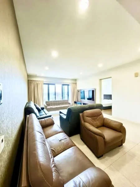 Living features: 3-seater leather sofa in brown, 2-seater leather sofa in brown, armchair in brown, flat-screen TV, wall-mounted TV console, large windows with sheer curtains, recessed LED downlights, cream tiled flooring, decorative wall with textured finish, coffee table, area rug; style: modern; view: city.