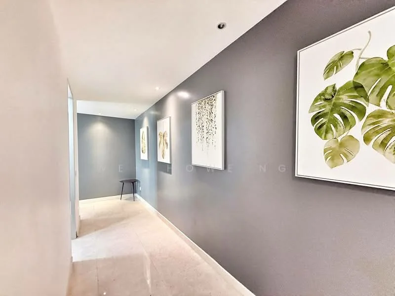 Hallway features: grey painted walls, marble tile flooring, recessed lighting, framed artwork with botanical prints, narrow console table, decorative wall art, smooth ceiling, neutral color scheme; style: modern.
