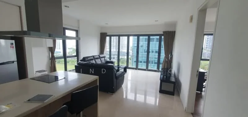 Living features: black leather sofa, coffee table, floor-to-ceiling windows, curtains, marble flooring, open layout to kitchen, view of city skyline, wall-mounted TV, decorative wall art; style: modern; view: city. Kitchen features: kitchen island, stainless-steel fridge, built-in oven, ceramic cooktop, black cabinetry, countertop with bar seating; style: modern.
