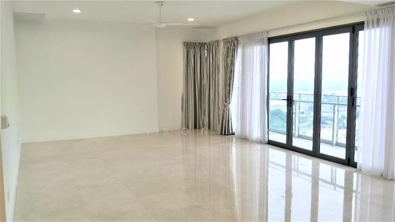 Living features: cream marble tile flooring, white painted walls, recessed downlights, 5-blade ceiling fan, floor-to-ceiling sliding glass door, sheer curtains, balcony access, city view; style: modern; view: city.