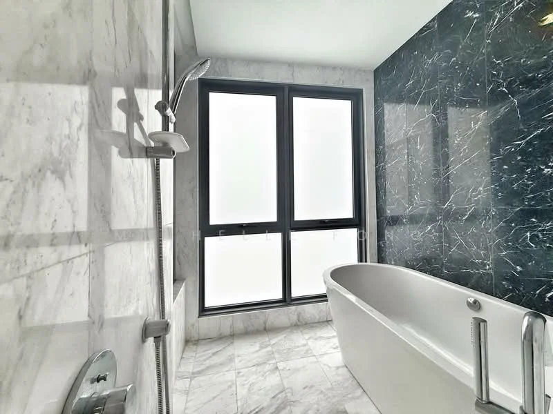 Bathroom features: freestanding bathtub, marble tile flooring, white marble walls, dark marble accent wall, glass shower enclosure, rain shower head, wall-mounted shower faucet, large windows, black window frames, chrome towel rack; style: luxury.