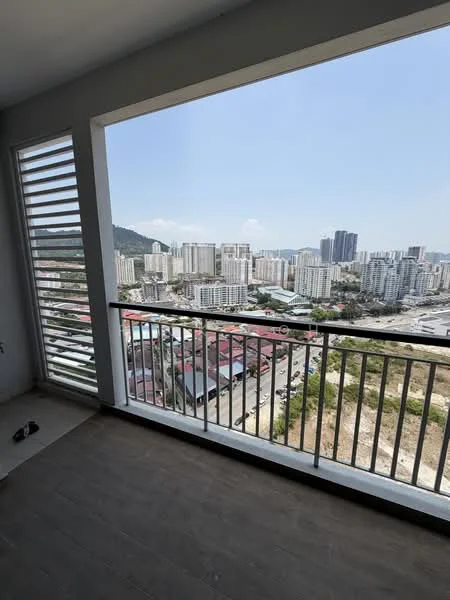Room features: floor-to-ceiling windows, sliding glass door, balcony with railing, city view, mountain view, grey laminate flooring, white painted walls, window with louvre shutters; style: modern; view: city.