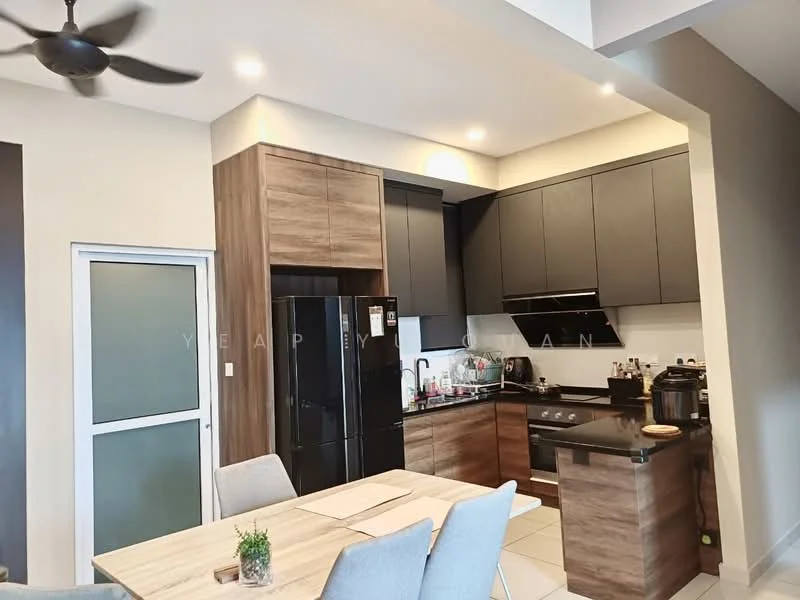 Kitchen features: black cabinetry, wood grain cabinetry, black countertop, stainless-steel sink, chrome pull-down faucet, built-in oven, freestanding range oven, black refrigerator, ceramic tile flooring, recessed downlights, ceiling fan, dining table with grey upholstered chairs, open shelving, kitchen island; style: modern.