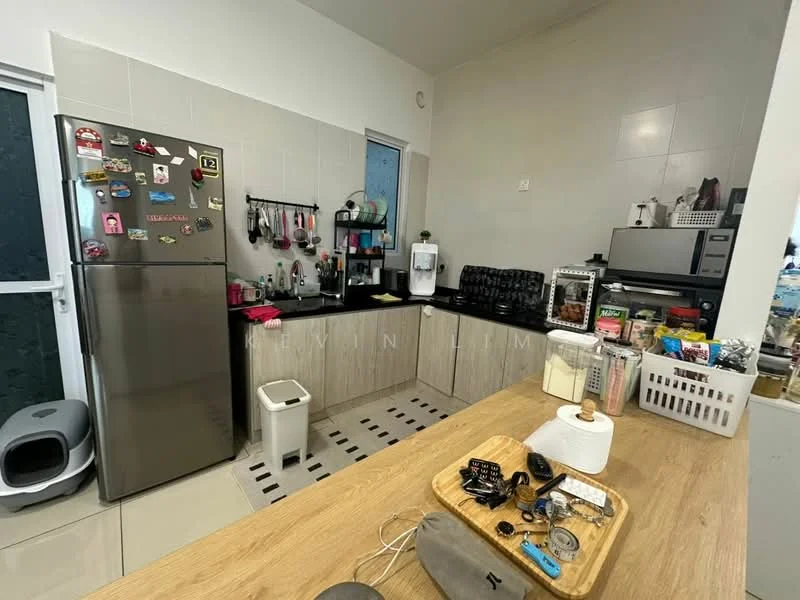 Kitchen features: stainless-steel fridge, black countertop, light wood cabinetry, ceramic tile flooring, built-in microwave, coffee machine, toaster, dishwasher, sink, kitchen utensils, decorative items, open shelving, kitchen island, wall-mounted storage, window with sheer curtains; style: modern.
