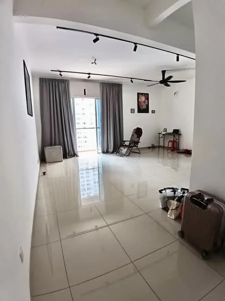 Living features: white painted walls, glossy ceramic tile flooring, 5-blade ceiling fan with light, floor-to-ceiling windows, sheer curtains, recessed downlights, decorative wall art, study desk, folding chair, luggage, empty corner space; style: modern; view: city.