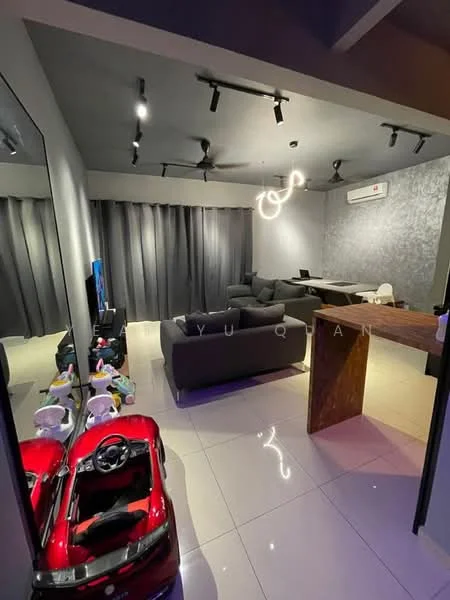 Living features: grey fabric sectional sofa, 3-blade ceiling fan, recessed LED downlights, pendant light fixture, white tiled flooring, grey accent wall, blackout curtains, wall-mounted TV, wooden side table, toys including a toy car, work desk with chair; style: modern.