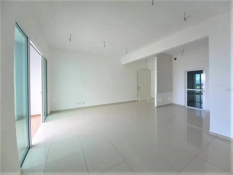 Room features: white painted walls, glossy ceramic tile flooring, floor-to-ceiling windows, sliding glass door, recessed downlights, open layout, neutral color scheme, high ceiling; style: modern; view: city.