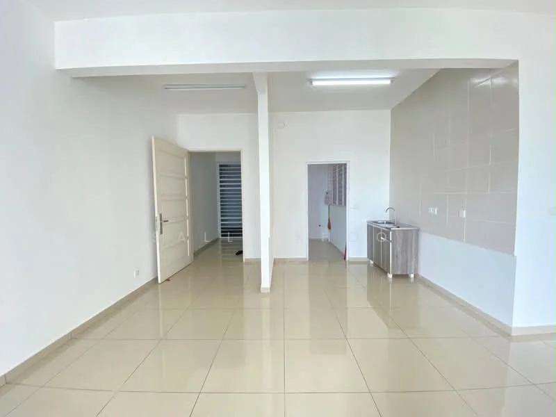 Room features: white painted walls, glossy beige tile flooring, recessed ceiling lights, single door, kitchenette with sink, grey cabinetry, open layout, large windows, neutral color scheme; style: modern.