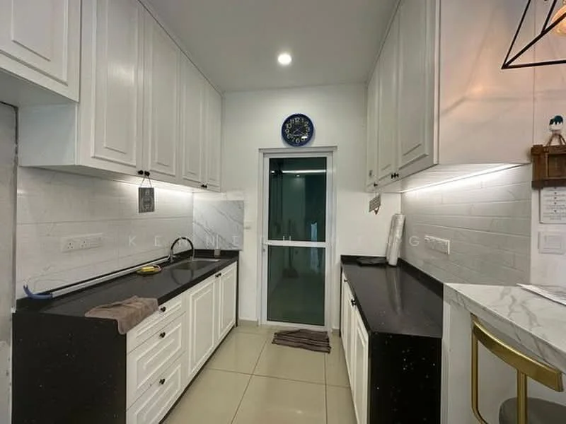 Kitchen features: white shaker cabinets, black countertop, stainless-steel sink, chrome pull-down faucet, white tiled backsplash, built-in oven, microwave, kitchen island with seating, wall clock, floor-to-ceiling cabinets, tile flooring, sliding glass door, recessed downlights; style: modern.