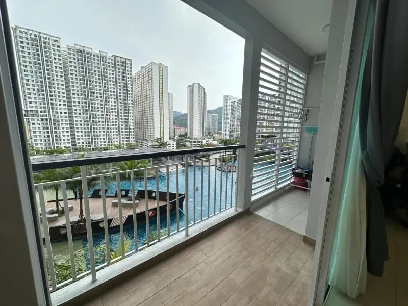 Room features: floor-to-ceiling windows, sliding glass door, balcony with railing, tile flooring, city skyline view, pool view, outdoor space, window treatments; style: modern; view: city.