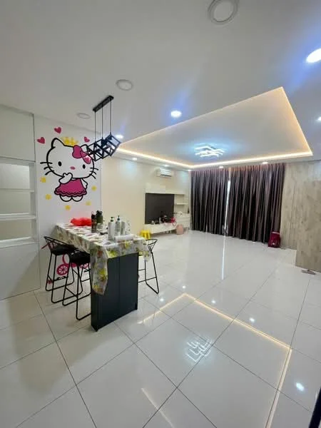 Living features: white painted walls, cream accent wall with Hello Kitty design, glossy white tile flooring, recessed downlights, LED strip lighting, wall-mounted TV, built-in shelving unit, floor-to-ceiling curtains, bar counter with high stools, air conditioning unit; style: modern.