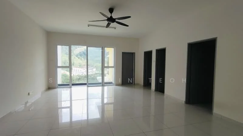 Room features: white painted walls, glossy ceramic tile flooring, 5-blade ceiling fan, floor-to-ceiling windows, sliding glass door, grey doors, mountain view, natural light; style: modern; view: mountain.