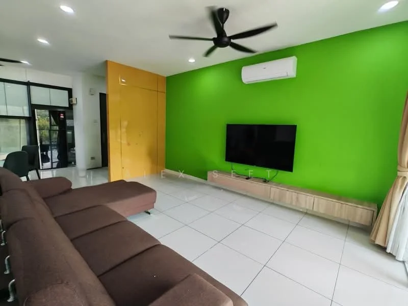 Living features: brown fabric sectional sofa, white tiled flooring, green accent wall, yellow feature wall, wall-mounted TV, wooden TV console, air conditioning unit, ceiling fan, large windows, curtains, recessed lighting; style: modern.