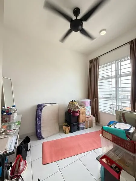 Room features: white painted walls, ceiling fan, large window with grid pattern, curtains, tile flooring, area rug, mirror, storage boxes, mattress, plastic storage bins.
