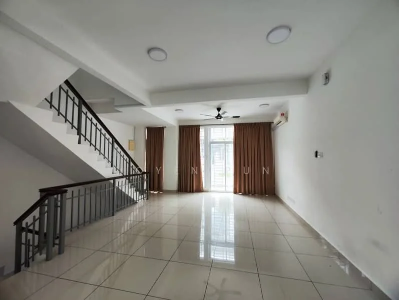 Living features: white painted walls, glossy ceramic tile flooring, 5-blade ceiling fan with light, large windows with sheer curtains, double sliding glass door, recessed downlights, neutral color curtains, staircase with metal railing; style: modern.