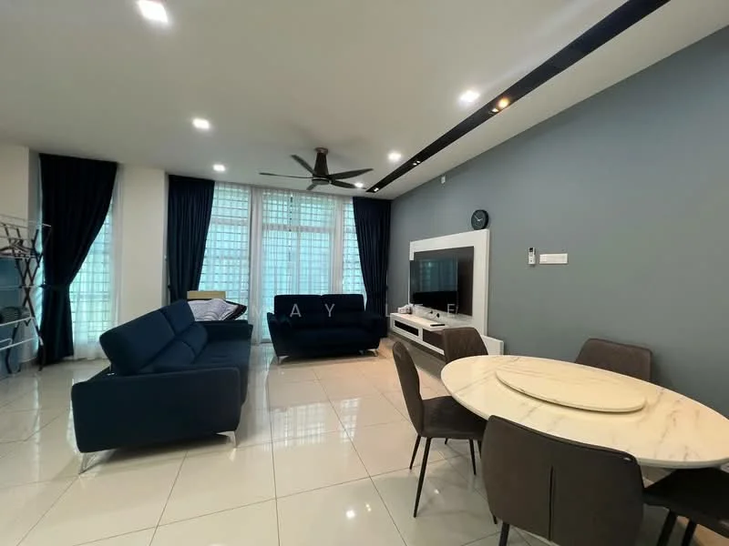 Living features: 3-seater fabric sofa in navy blue, 2-seater fabric sofa in navy blue, round marble dining table, 4 upholstered dining chairs, TV console, wall-mounted TV, ceiling fan with light, white painted walls, grey accent wall, large windows with sheer curtains, glossy tile flooring, decorative wall clock; style: modern.