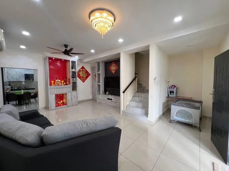 Living features: 3-seater fabric sofa in dark grey, chandelier with crystals, ceiling fan with light, wall-mounted TV, entertainment unit, white tiled flooring, decorative wall with red accents, staircase leading to upper floor, open layout to dining area, large window for natural light; style: modern.