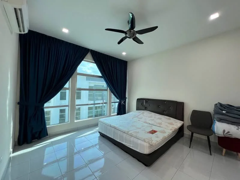 Bedroom features: queen-size bed, upholstered headboard, black fabric bed frame, 2 bedside lamps, floor-to-ceiling windows, dark blue curtains, white walls, polished tile flooring, ceiling fan with light, single chair; style: modern; view: city.